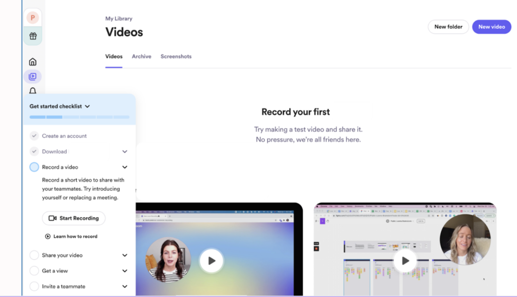 Loom's dashboard showcasing the onboarding checklist
