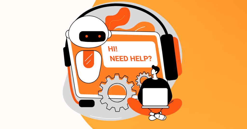 Orange blob background and cartoon looking for help support center with robot