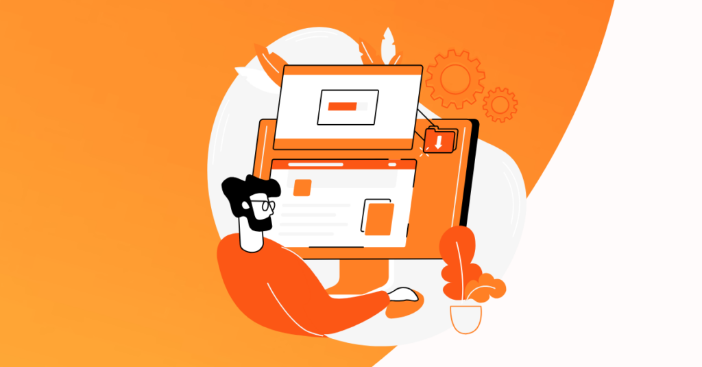 cartoon on orange background setting up things on computer