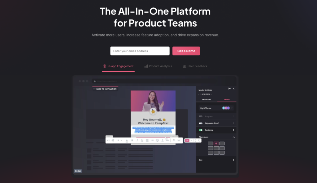 Screenshot of Userpilot homepage with features