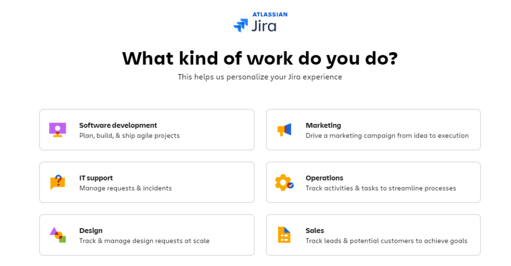 Jira uses role-based onboarding experience tailored to different team members