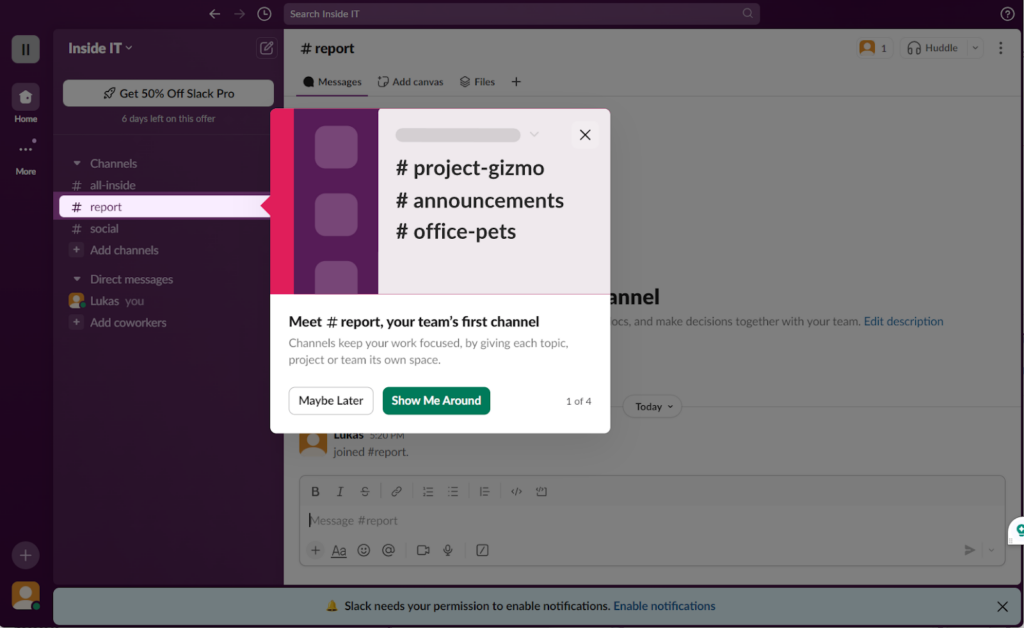 Slack Product Tour onboarding Example