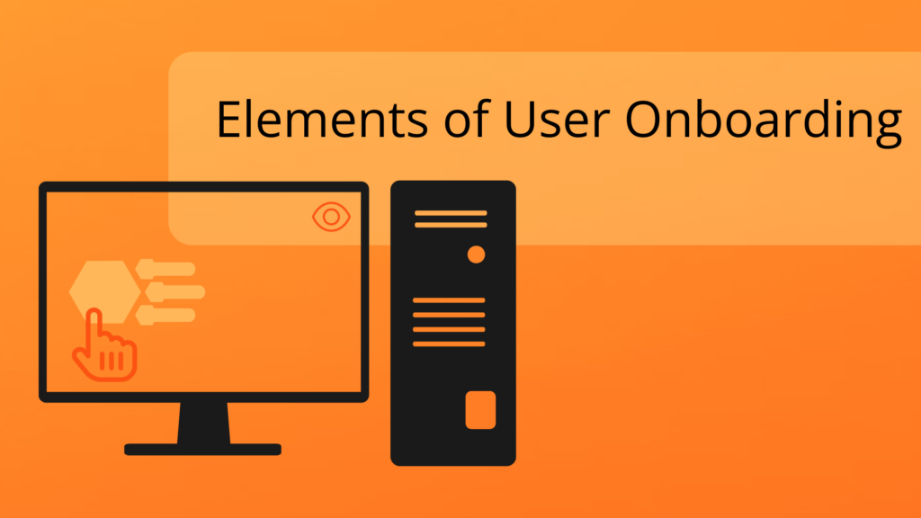 Orange background, website and phone screen and onboarding icons