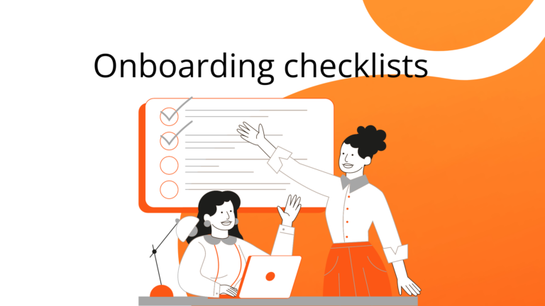 two cartoon looking at computer and checklist orange background anf black font