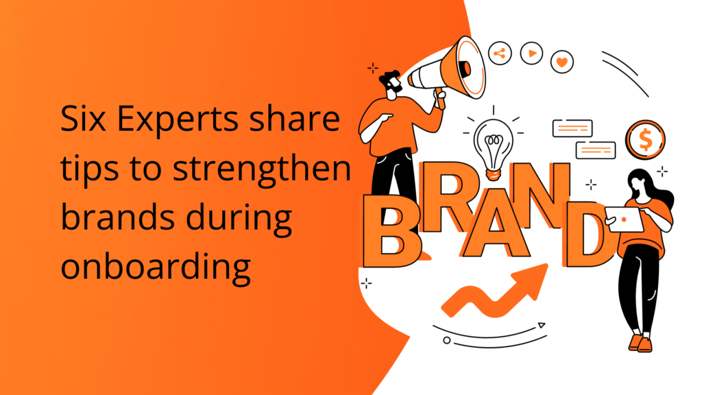 Orange background with title blog title and two cartoons looking how to improve user onboarding branding
