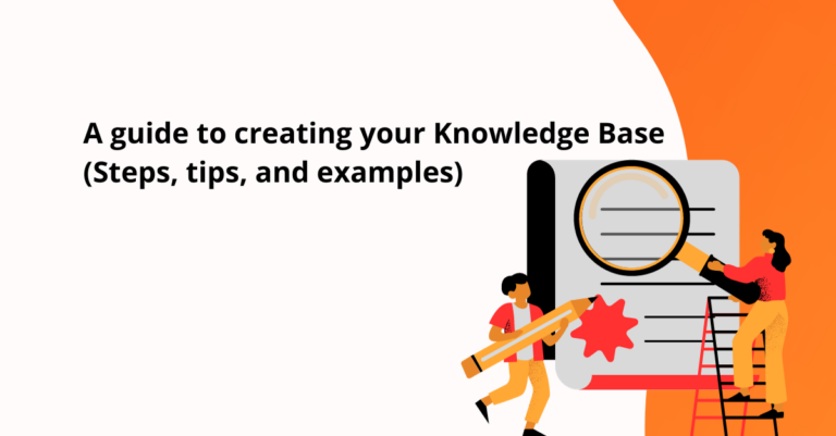Two cartoons that create a knowledge base and show title of blog "hto to create your knowledge base with tips, examples, and steps)
