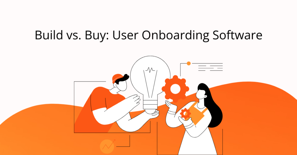 build vs. buy user onboarding software title and two cartoon looking at different options