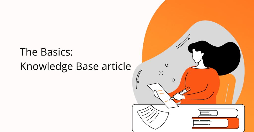 knowledge base article title with cartoon writing on a book with orange background