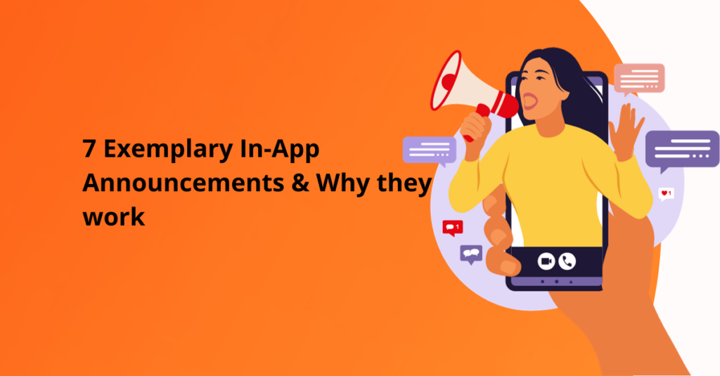 in-app announcements and examples title with cartoon and megaphone for announcements