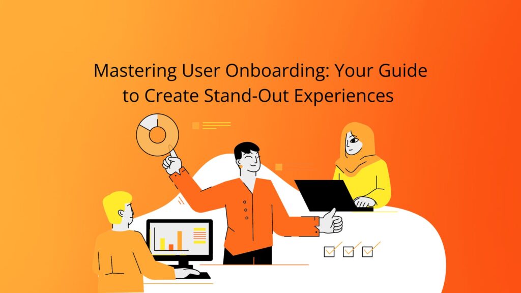user onboarding cover photo with title and cartoon working together on computers with orange background