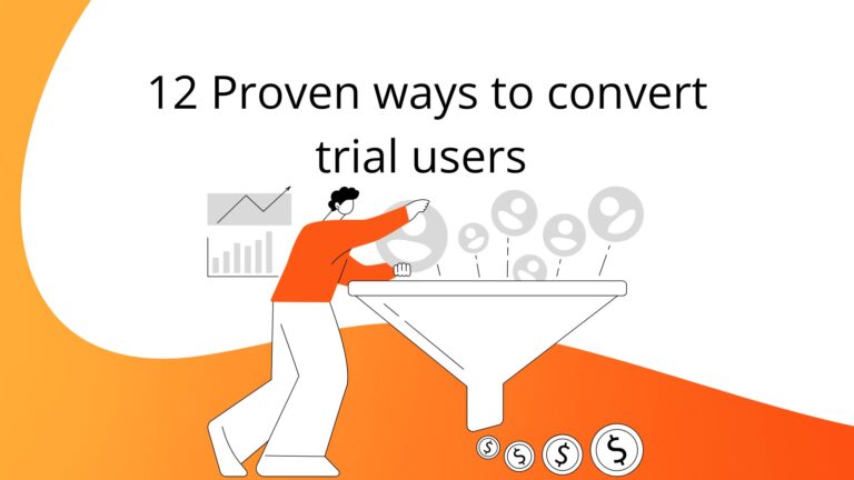 Convert trial users title with a cartoon and a lead funnel and orange background