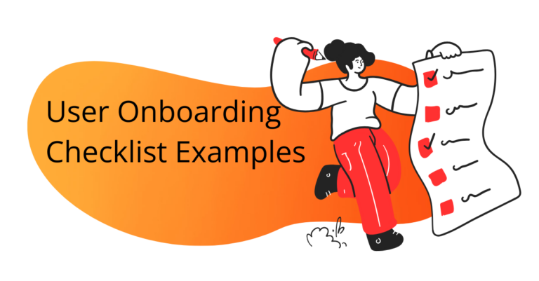 User onboarding checklist cartoon with checklist and title of the blog with orange gradient blob background