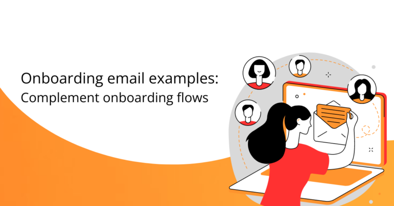 Onboarding email cartoon figure with title of blog and orange in the background