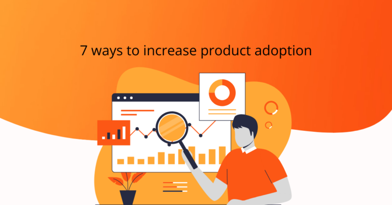Product adoption strategy title of blog orange background and cartoon with chart behind them