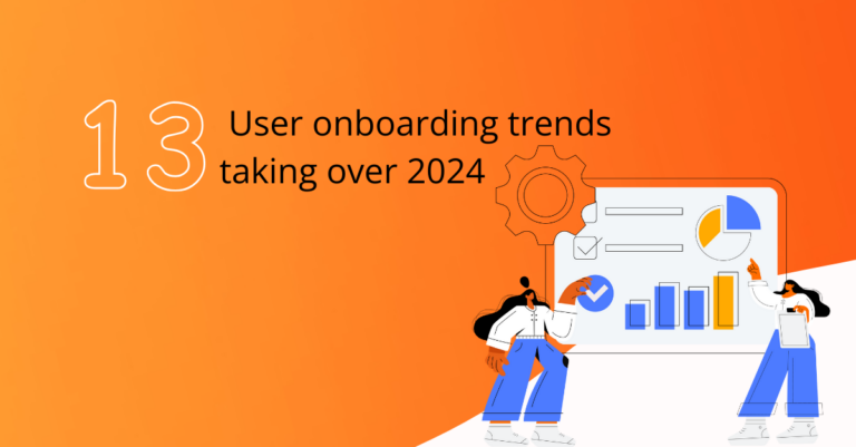 title in balck"13 user onboarding trends 2024" with orange background and cartoon on trend chart
