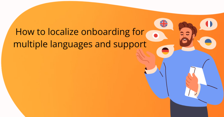 localize onboaridng title with cartoon with different language flags and orange Product Fruits color background
