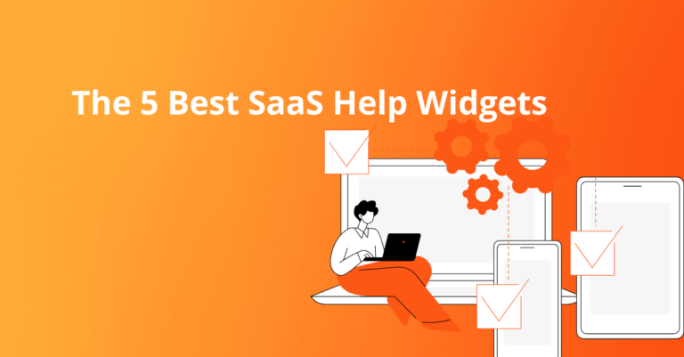 best saas help center widget title on orange backround with cartoons