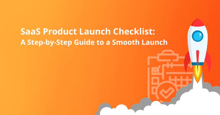 saas Product launch checklist title with orange background and rocket ship