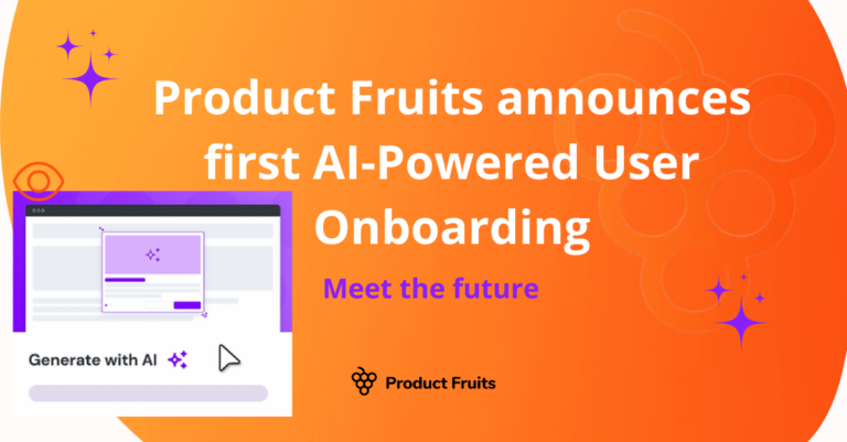 NEW AI powered Product fruits user onboaridng features blog announcements title and template with magic stars