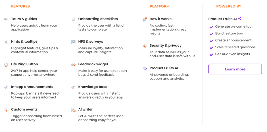 Product tours and walkthroughs can be combined with other functions of the user onboarding/adoption platform. Image: Product Fruits.